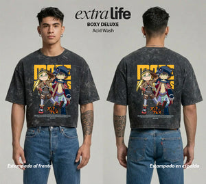 Playera streetwear premium de anime y gaming ExtraLife MX, corte boxy deluxe mineral wash heavyweight en color Acid Wash, moda urbana mexicana de culto.