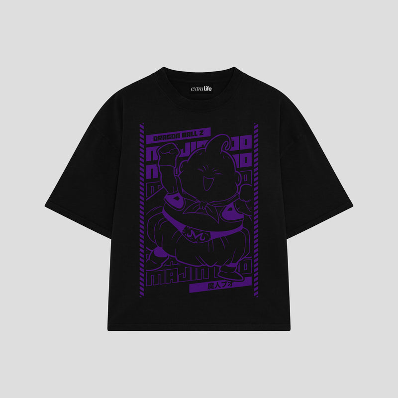 Playera streetwear premium de anime y gaming ExtraLife MX, corte boxy oversized drop shoulder heavyweight en color Deep Black y Off-White, moda urbana mexicana de culto.