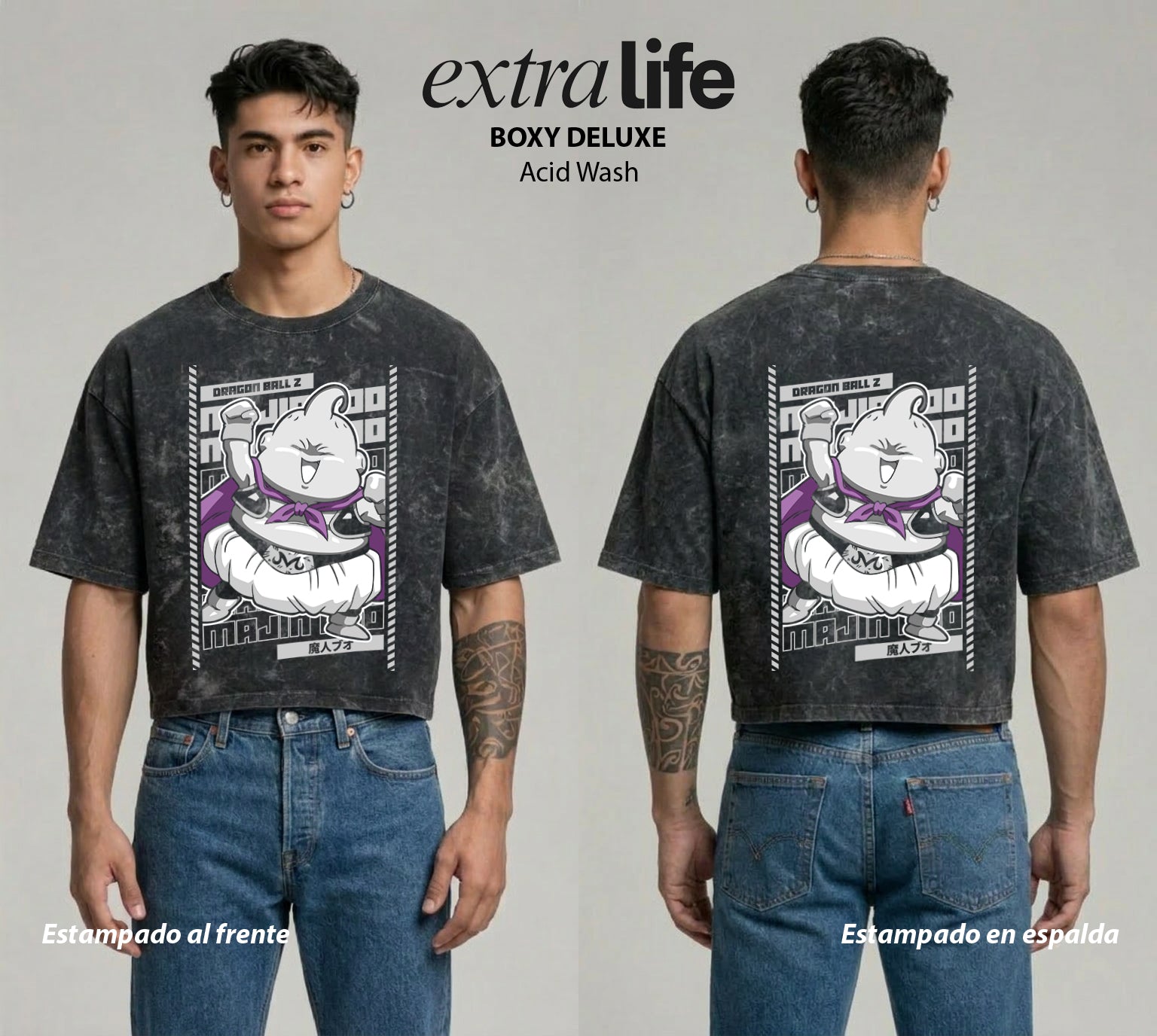 Playera streetwear premium de anime y gaming ExtraLife MX, corte boxy deluxe mineral wash heavyweight en color Acid Wash, moda urbana mexicana de culto.