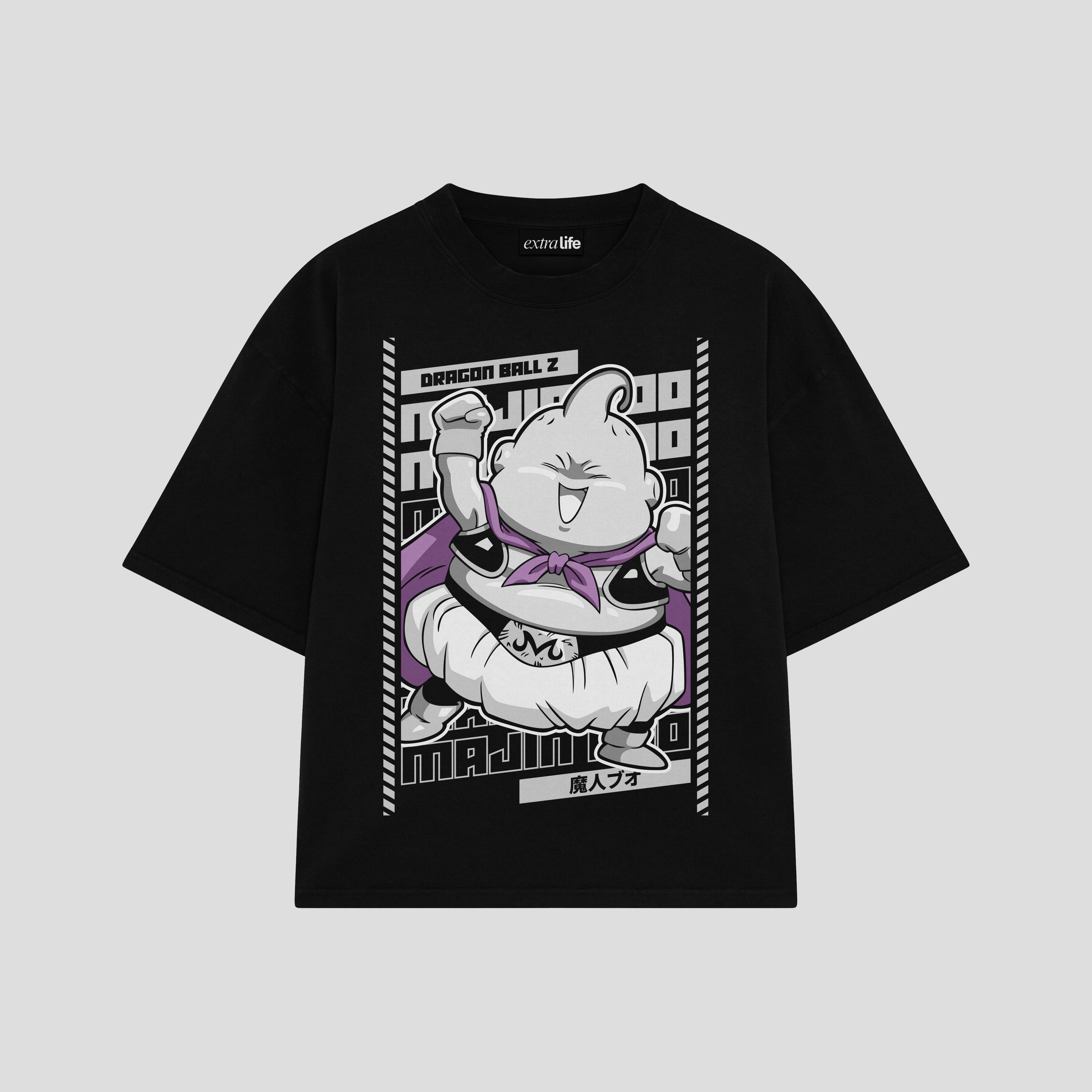 Playera streetwear premium de anime y gaming ExtraLife MX, corte boxy oversized drop shoulder heavyweight en color Deep Black y Off-White, moda urbana mexicana de culto.
