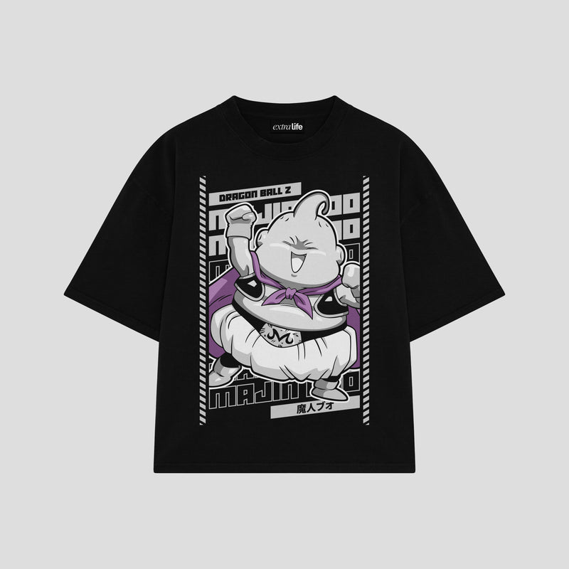 Playera streetwear premium de anime y gaming ExtraLife MX, corte boxy oversized drop shoulder heavyweight en color Deep Black y Off-White, moda urbana mexicana de culto.