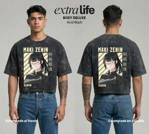 Playera streetwear premium de anime y gaming ExtraLife MX, corte boxy deluxe mineral wash heavyweight en color Acid Wash, moda urbana mexicana de culto.