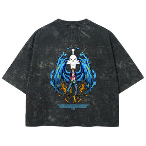 Playera streetwear premium de anime y gaming ExtraLife MX, corte boxy deluxe mineral wash heavyweight en color Acid Wash, moda urbana mexicana de culto.