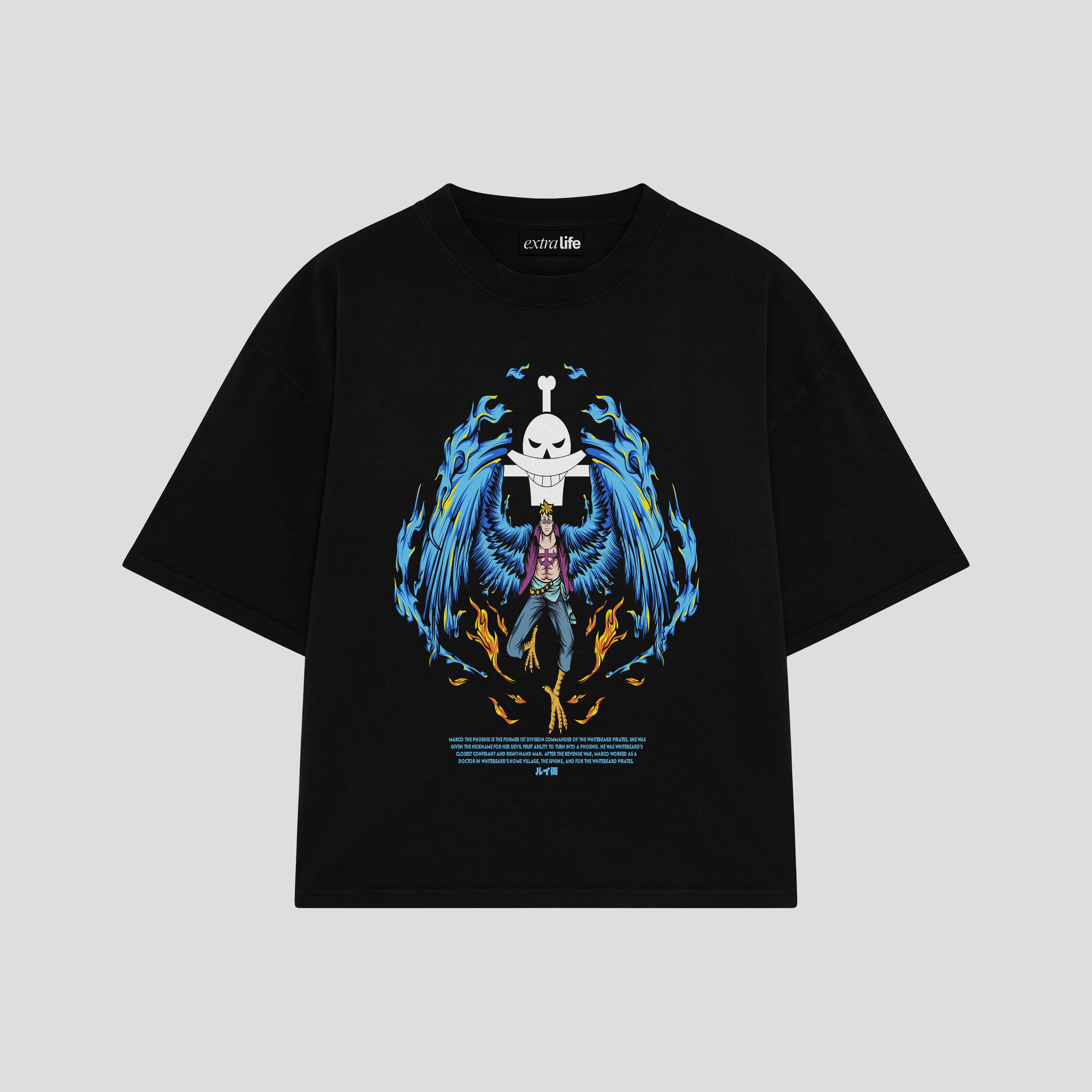 Playera streetwear premium de anime y gaming ExtraLife MX, corte boxy oversized drop shoulder heavyweight en color Deep Black y Off-White, moda urbana mexicana de culto.