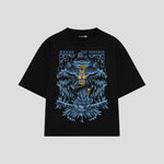 Playera streetwear premium de anime y gaming ExtraLife MX, corte boxy oversized drop shoulder heavyweight en color Deep Black y Off-White, moda urbana mexicana de culto.