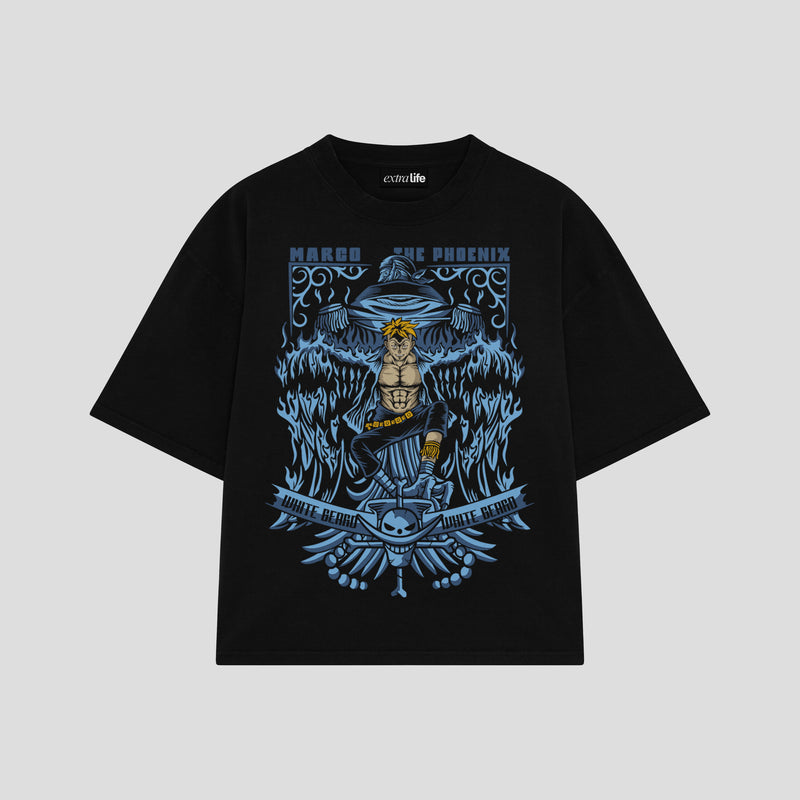 Playera streetwear premium de anime y gaming ExtraLife MX, corte boxy oversized drop shoulder heavyweight en color Deep Black y Off-White, moda urbana mexicana de culto.