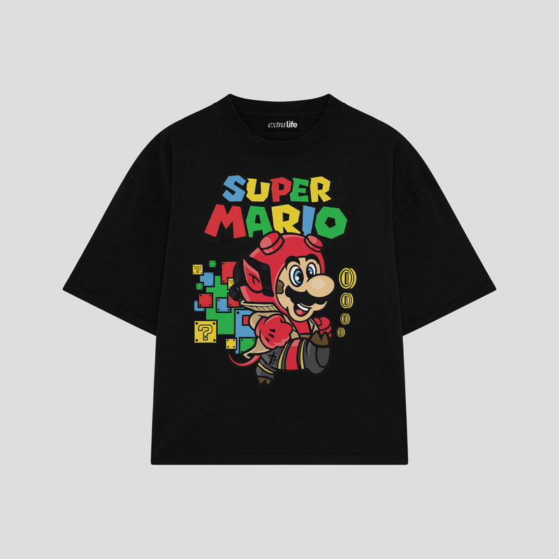 Playera streetwear premium de anime y gaming ExtraLife MX, corte boxy oversized drop shoulder heavyweight en color Deep Black y Off-White, moda urbana mexicana de culto.