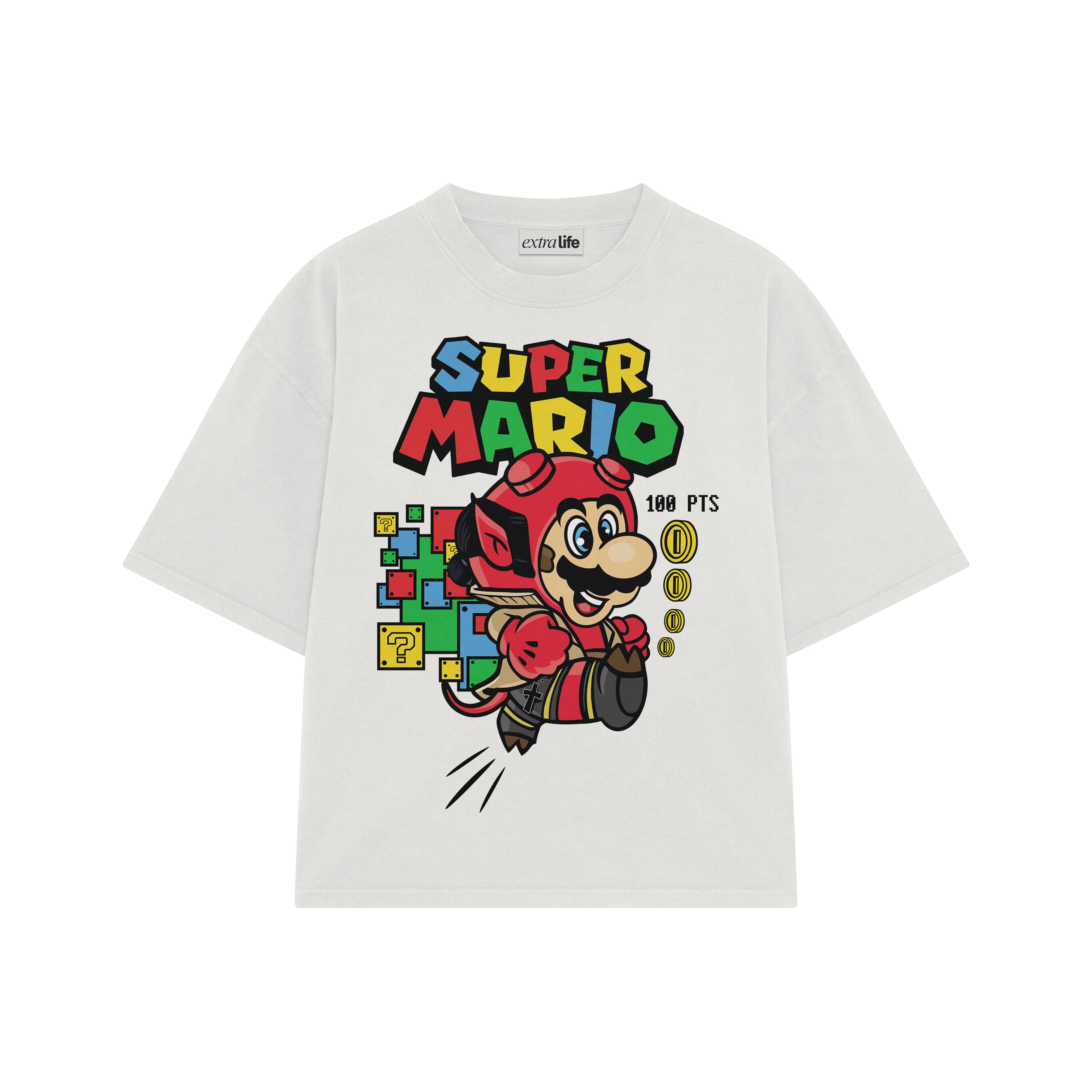 Playera streetwear premium de anime y gaming ExtraLife MX, corte boxy oversized drop shoulder heavyweight en color Deep Black y Off-White, moda urbana mexicana de culto.