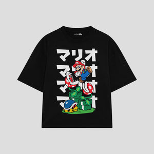 Playera streetwear premium de anime y gaming ExtraLife MX, corte boxy oversized drop shoulder heavyweight en color Deep Black y Off-White, moda urbana mexicana de culto.