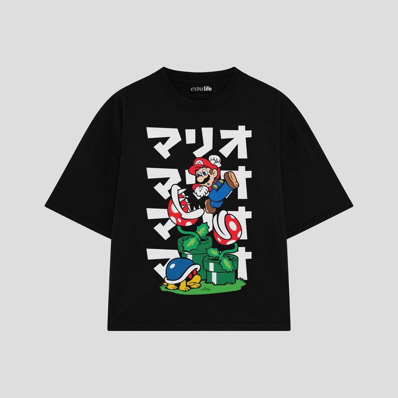 Playera streetwear premium de anime y gaming ExtraLife MX, corte boxy oversized drop shoulder heavyweight en color Deep Black y Off-White, moda urbana mexicana de culto.