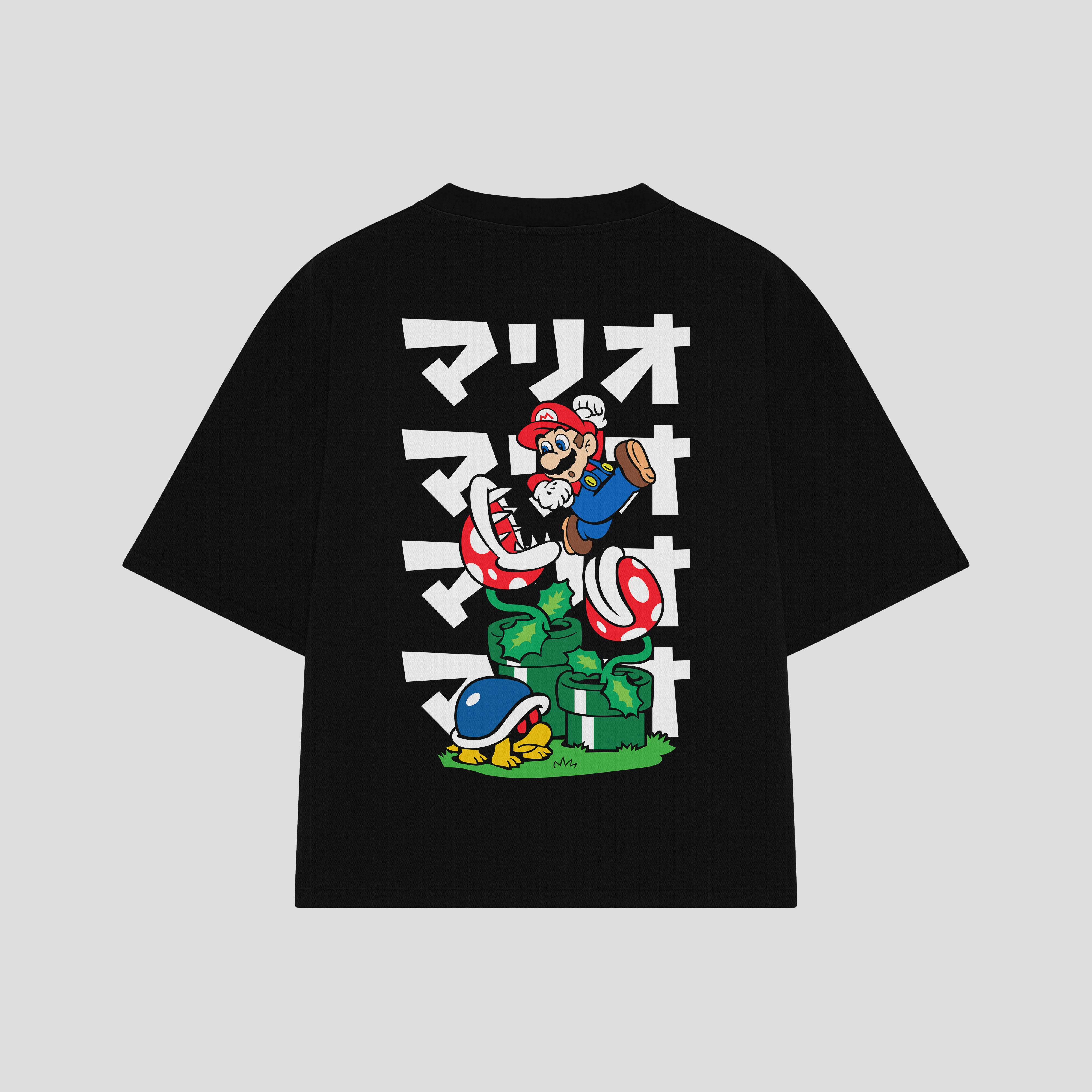 Playera streetwear premium de anime y gaming ExtraLife MX, corte boxy oversized drop shoulder heavyweight en color Deep Black y Off-White, moda urbana mexicana de culto.