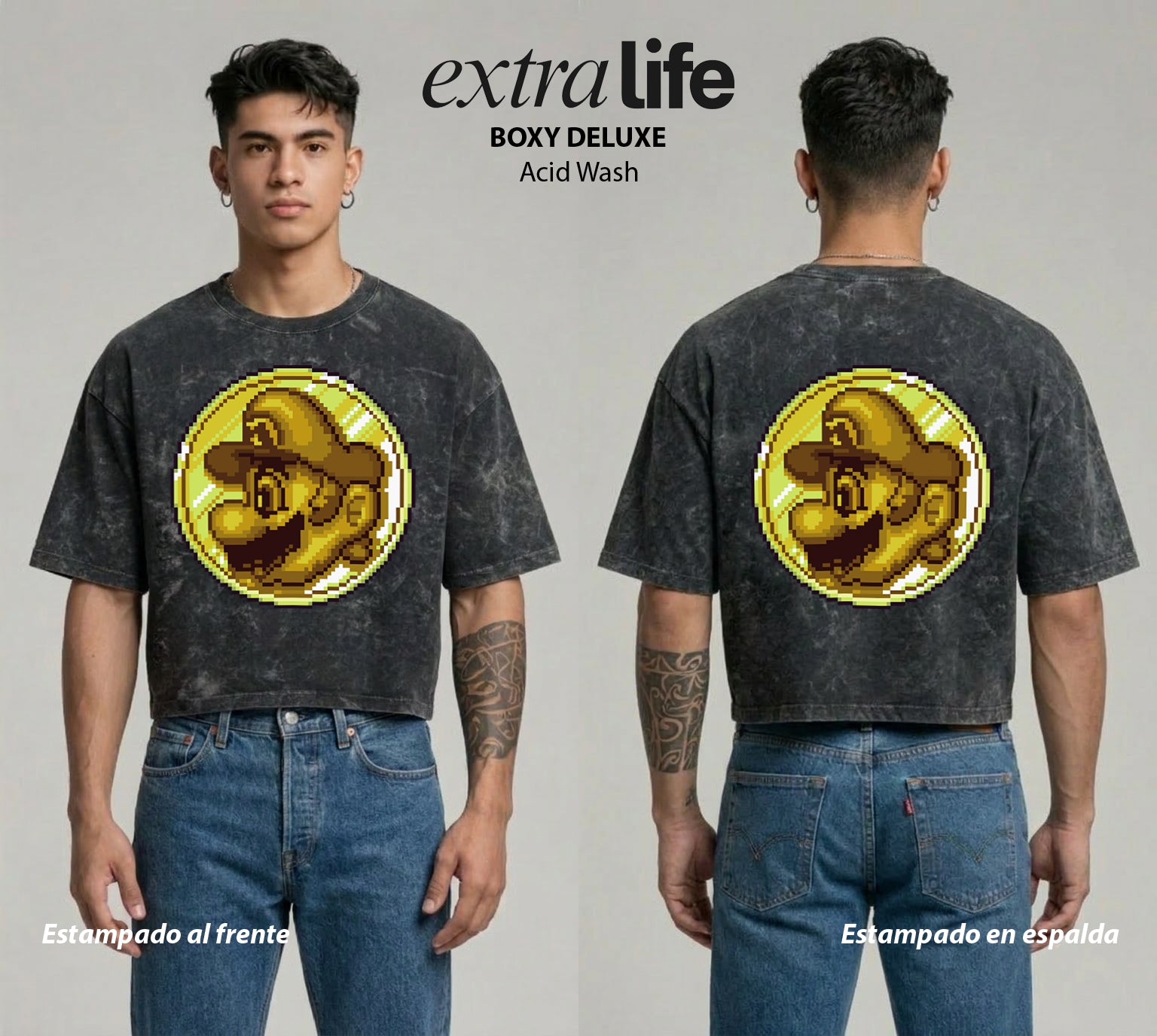 Playera streetwear premium de anime y gaming ExtraLife MX, corte boxy deluxe mineral wash heavyweight en color Acid Wash, moda urbana mexicana de culto.