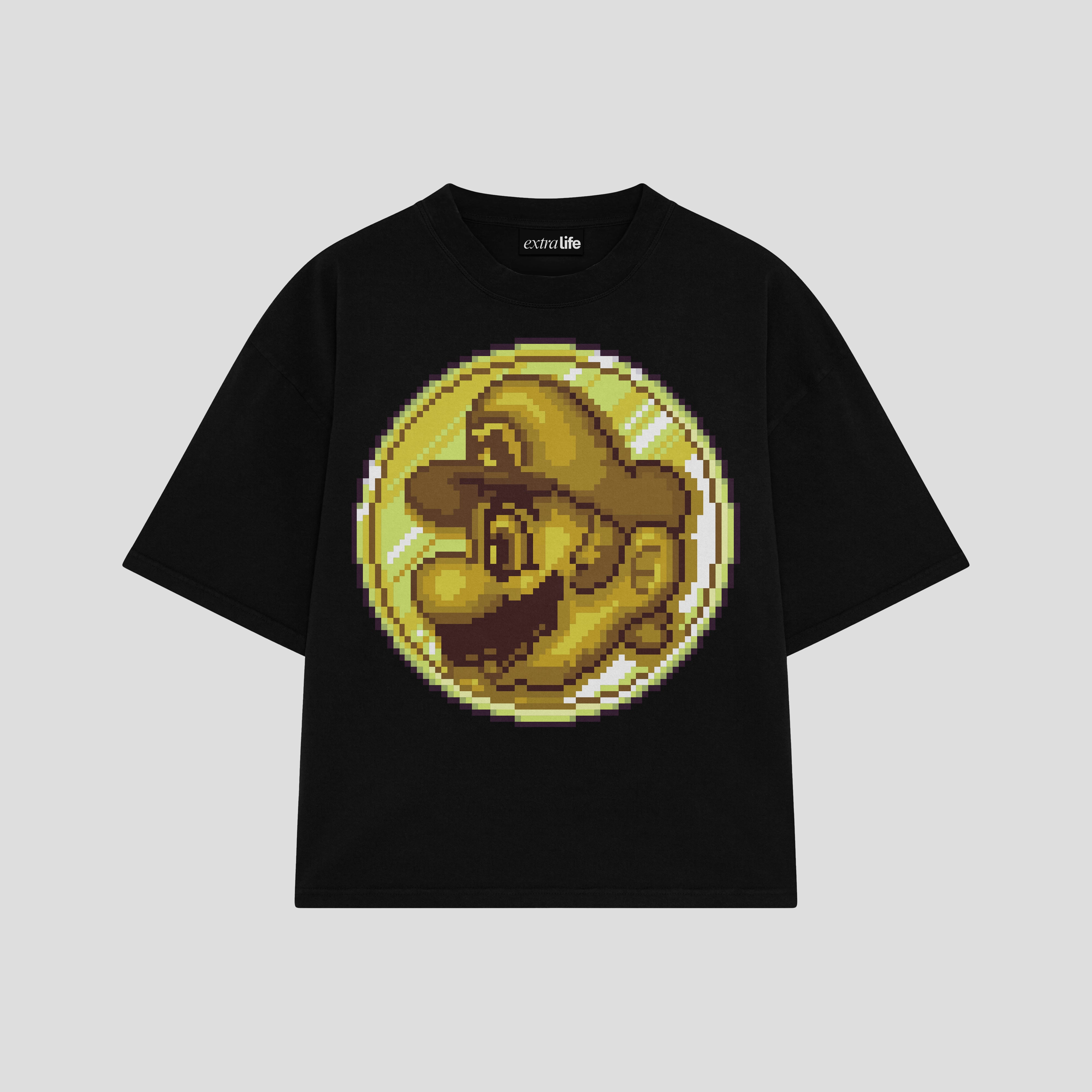 Playera streetwear premium de anime y gaming ExtraLife MX, corte boxy oversized drop shoulder heavyweight en color Deep Black y Off-White, moda urbana mexicana de culto.