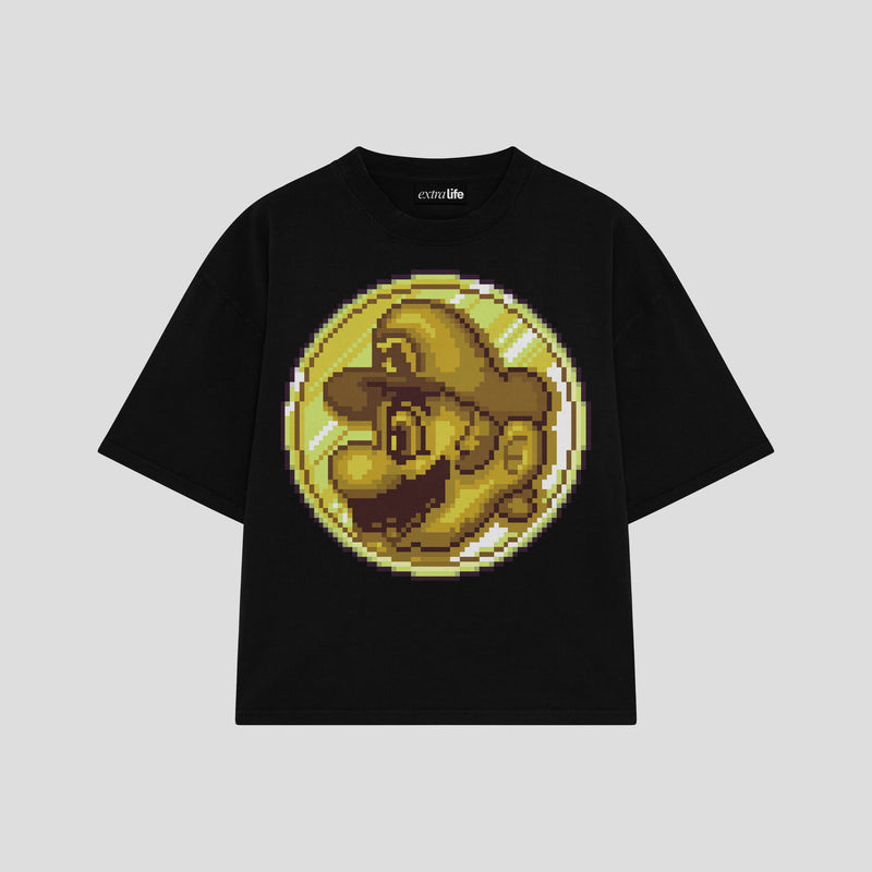 Playera streetwear premium de anime y gaming ExtraLife MX, corte boxy oversized drop shoulder heavyweight en color Deep Black y Off-White, moda urbana mexicana de culto.