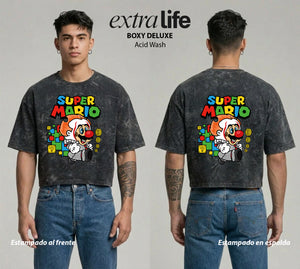 Playera streetwear premium de anime y gaming ExtraLife MX, corte boxy deluxe mineral wash heavyweight en color Acid Wash, moda urbana mexicana de culto.