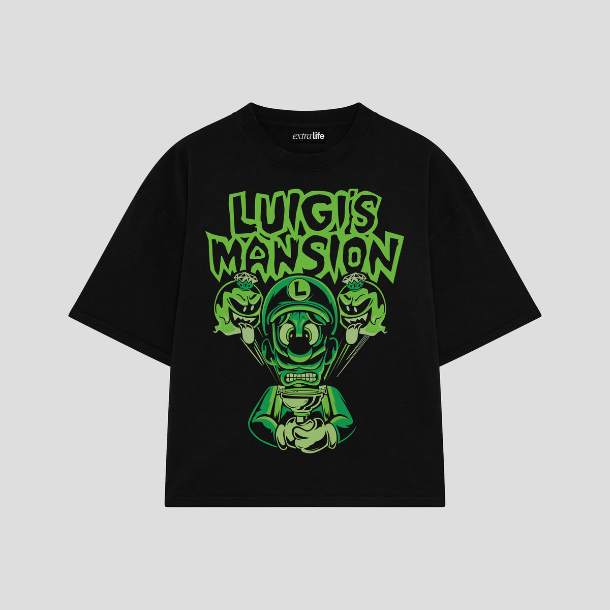Playera streetwear premium de anime y gaming ExtraLife MX, corte oversized drop shoulder ligero y fresco en color Deep Black y Off-White, moda urbana mexicana de culto.