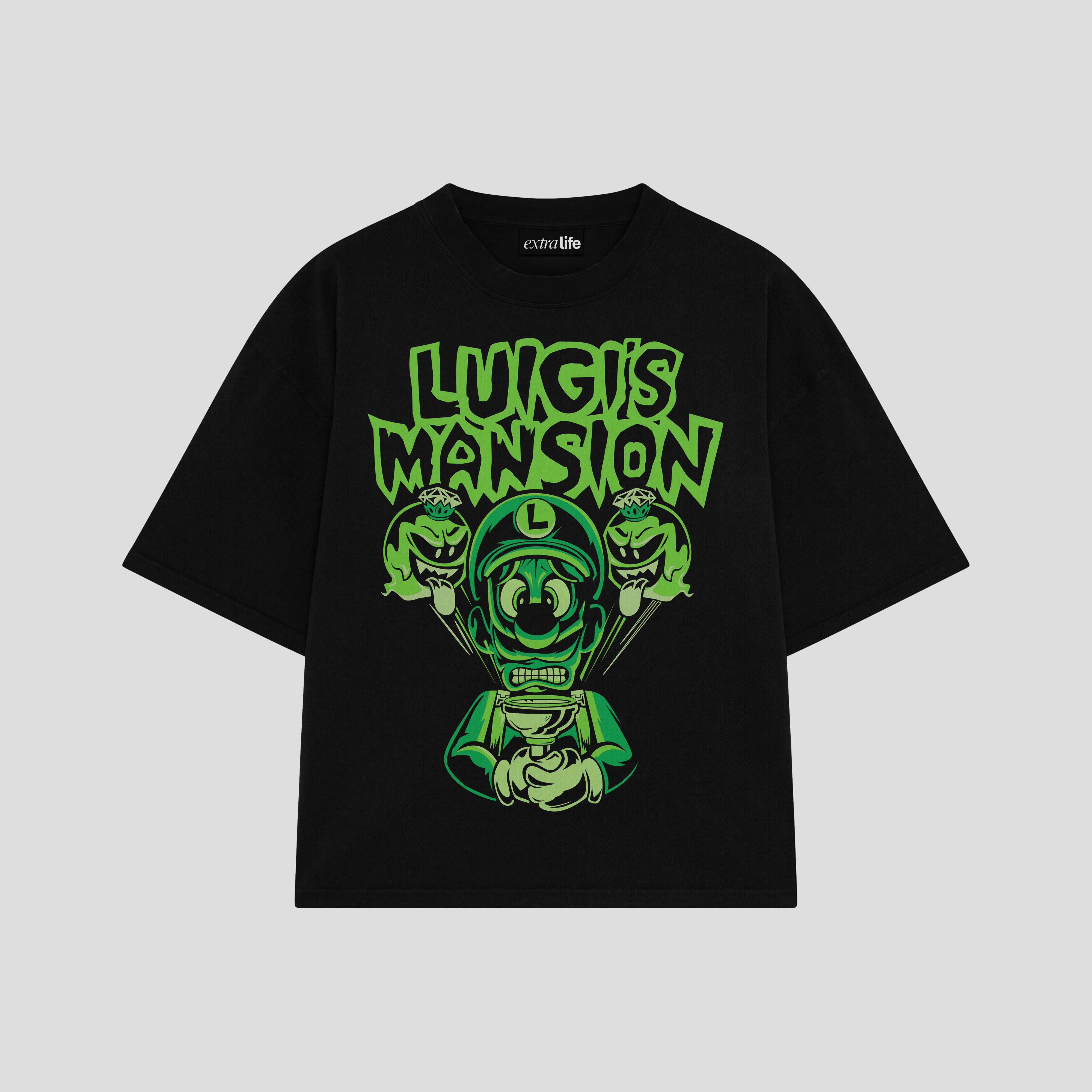 Playera streetwear premium de anime y gaming ExtraLife MX, corte boxy oversized drop shoulder heavyweight en color Deep Black y Off-White, moda urbana mexicana de culto.