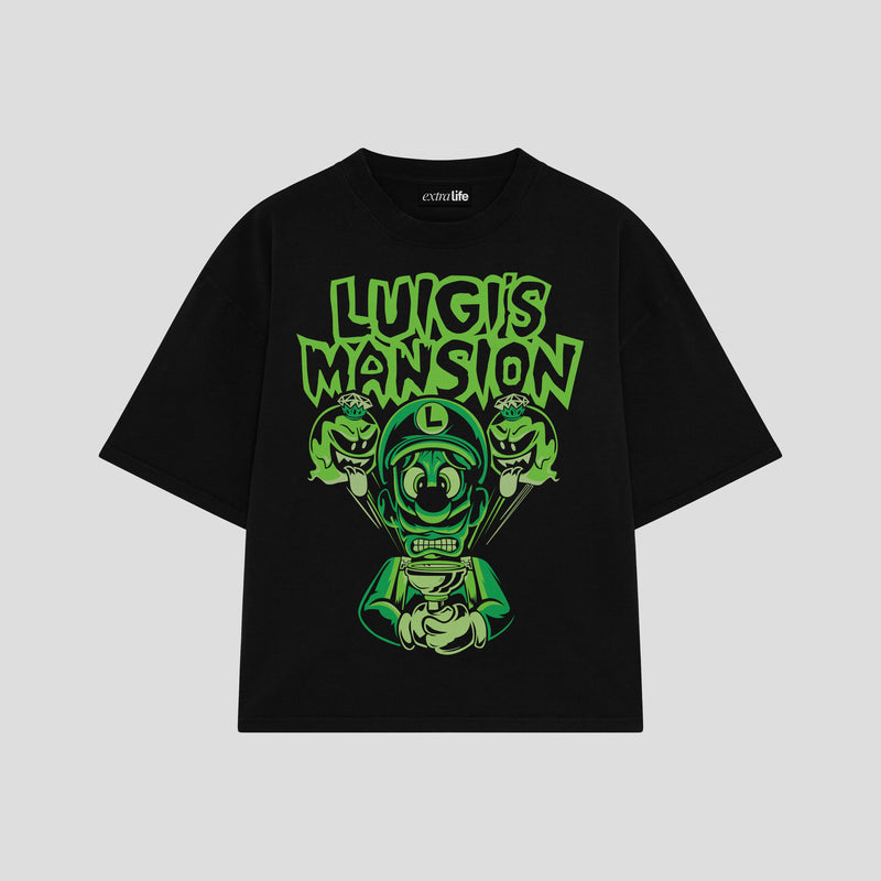 Playera streetwear premium de anime y gaming ExtraLife MX, corte boxy oversized drop shoulder heavyweight en color Deep Black y Off-White, moda urbana mexicana de culto.