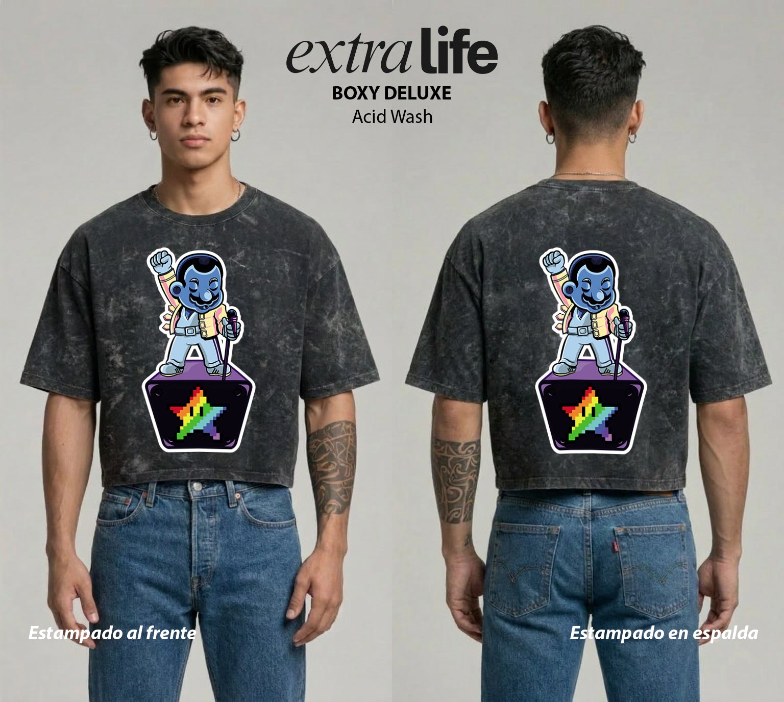 Playera streetwear premium de anime y gaming ExtraLife MX, corte boxy deluxe mineral wash heavyweight en color Acid Wash, moda urbana mexicana de culto.