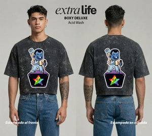 Playera streetwear premium de anime y gaming ExtraLife MX, corte boxy deluxe mineral wash heavyweight en color Acid Wash, moda urbana mexicana de culto.