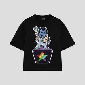 Playera streetwear premium de anime y gaming ExtraLife MX, corte boxy oversized drop shoulder heavyweight en color Deep Black y Off-White, moda urbana mexicana de culto.