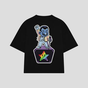 Playera streetwear premium de anime y gaming ExtraLife MX, corte boxy oversized drop shoulder heavyweight en color Deep Black y Off-White, moda urbana mexicana de culto.