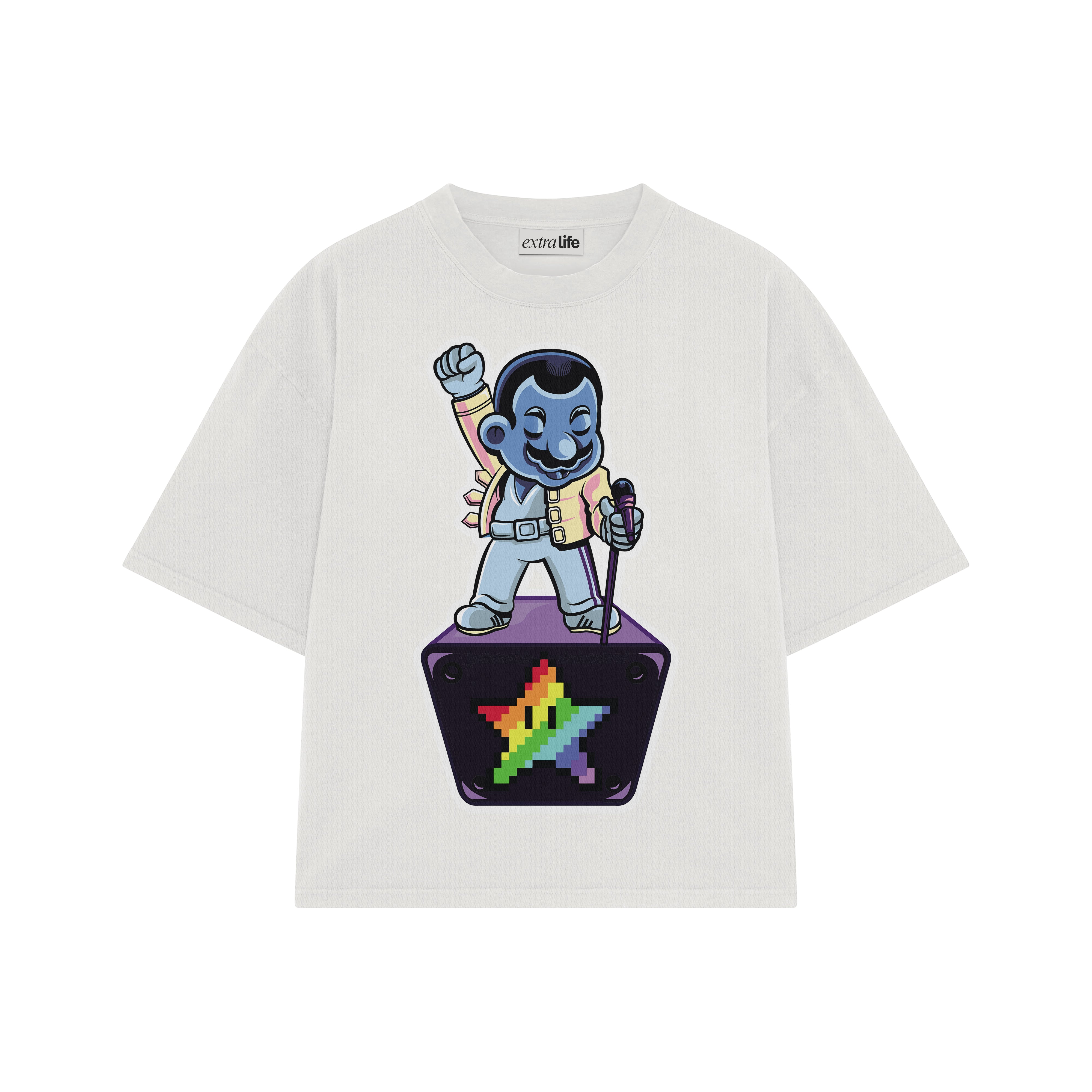 Playera streetwear premium de anime y gaming ExtraLife MX, corte boxy oversized drop shoulder heavyweight en color Deep Black y Off-White, moda urbana mexicana de culto.