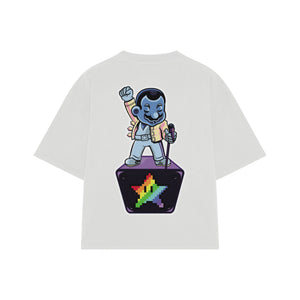 Playera streetwear premium de anime y gaming ExtraLife MX, corte boxy oversized drop shoulder heavyweight en color Deep Black y Off-White, moda urbana mexicana de culto.