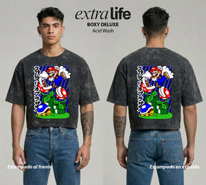 Playera streetwear premium de anime y gaming ExtraLife MX, corte boxy deluxe mineral wash heavyweight en color Acid Wash, moda urbana mexicana de culto.