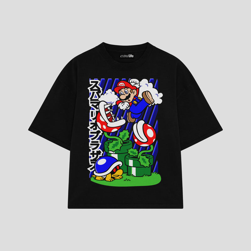 Playera streetwear premium de anime y gaming ExtraLife MX, corte boxy oversized drop shoulder heavyweight en color Deep Black y Off-White, moda urbana mexicana de culto.