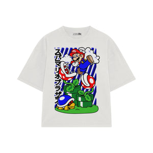 Playera streetwear premium de anime y gaming ExtraLife MX, corte boxy oversized drop shoulder heavyweight en color Deep Black y Off-White, moda urbana mexicana de culto.