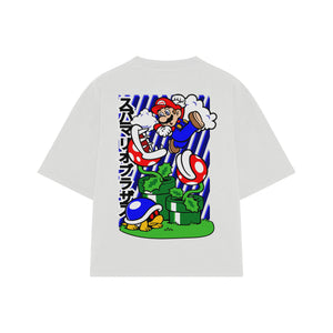 Playera streetwear premium de anime y gaming ExtraLife MX, corte boxy oversized drop shoulder heavyweight en color Deep Black y Off-White, moda urbana mexicana de culto.