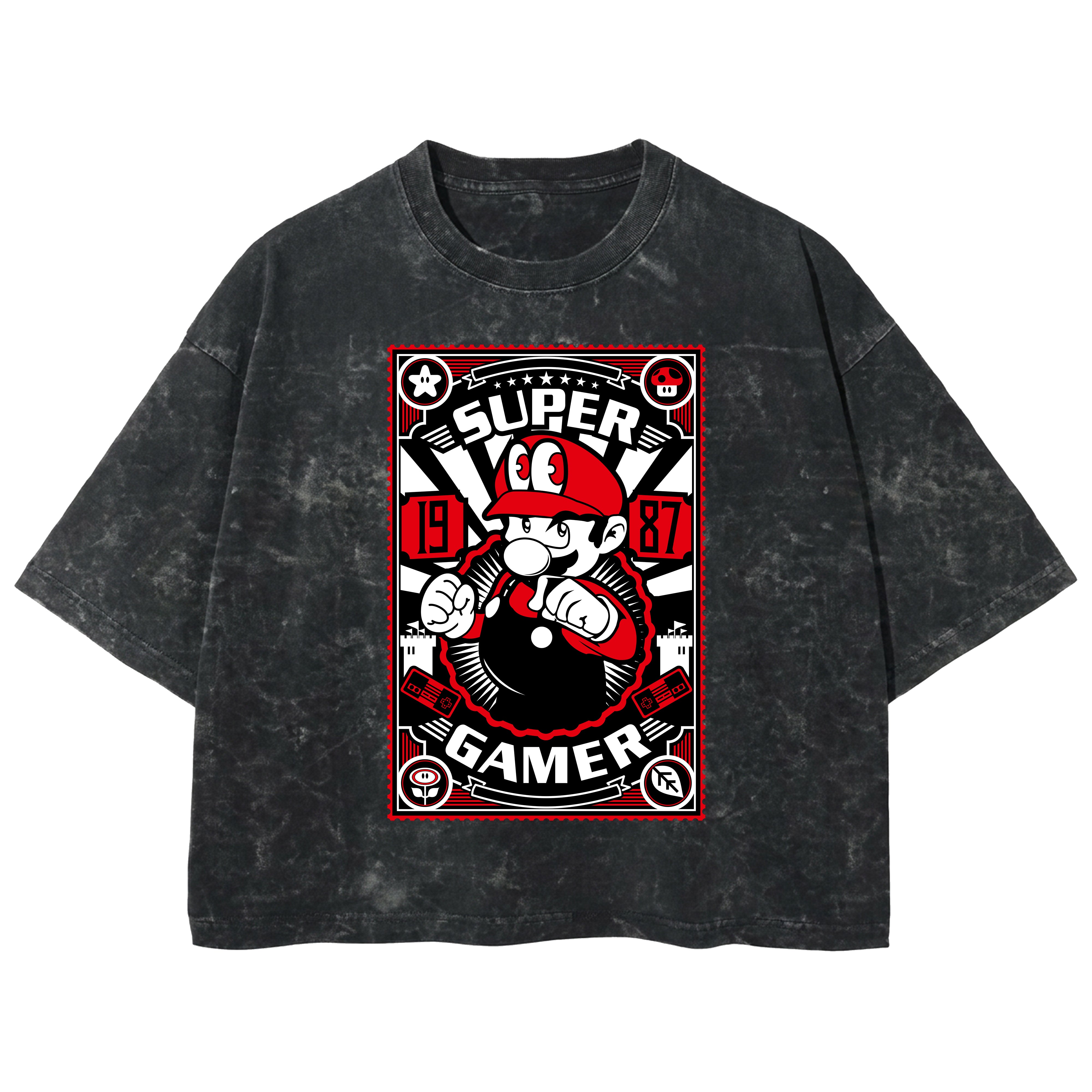 Playera streetwear premium de anime y gaming ExtraLife MX, corte boxy deluxe mineral wash heavyweight en color Acid Wash, moda urbana mexicana de culto.