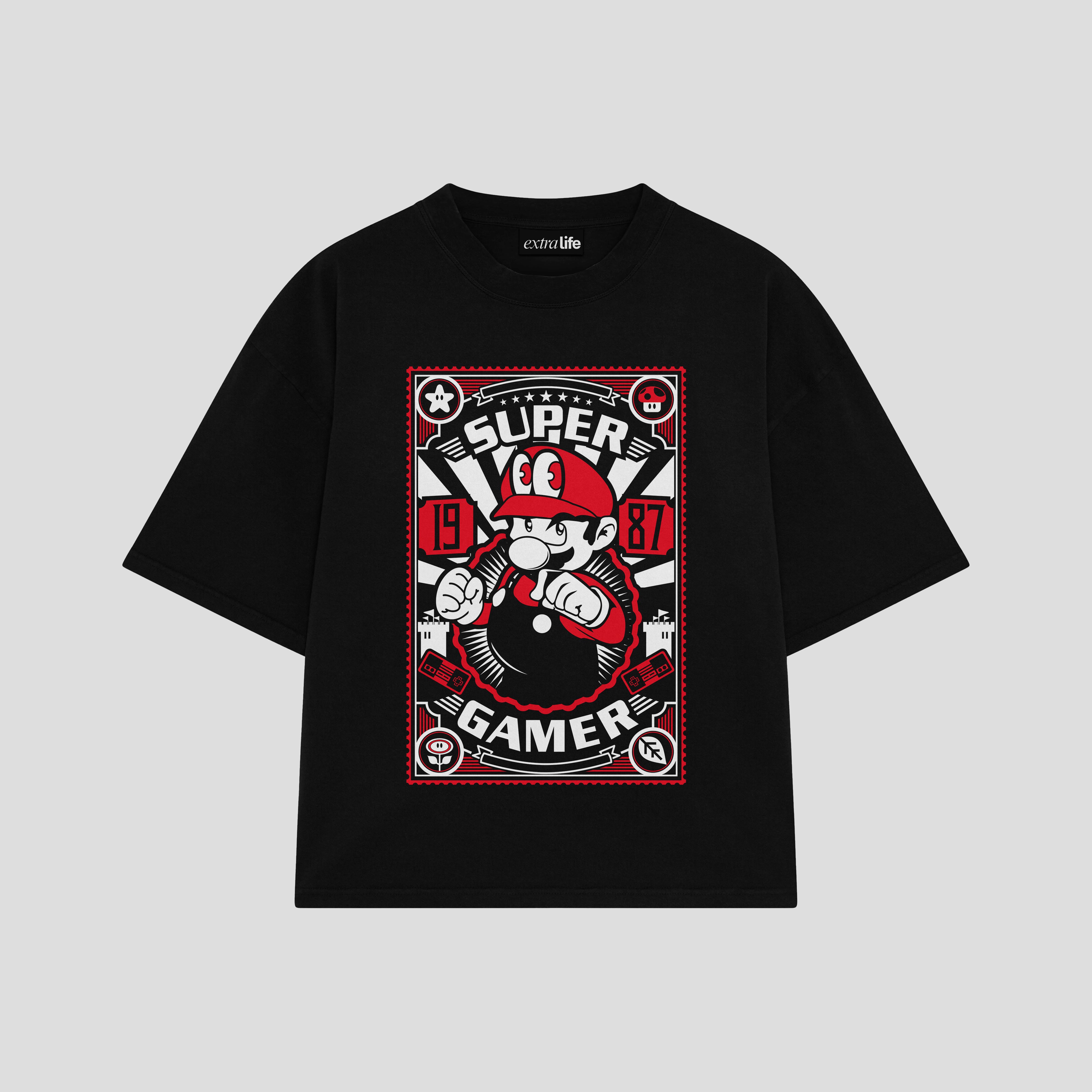 Playera streetwear premium de anime y gaming ExtraLife MX, corte boxy oversized drop shoulder heavyweight en color Deep Black y Off-White, moda urbana mexicana de culto.