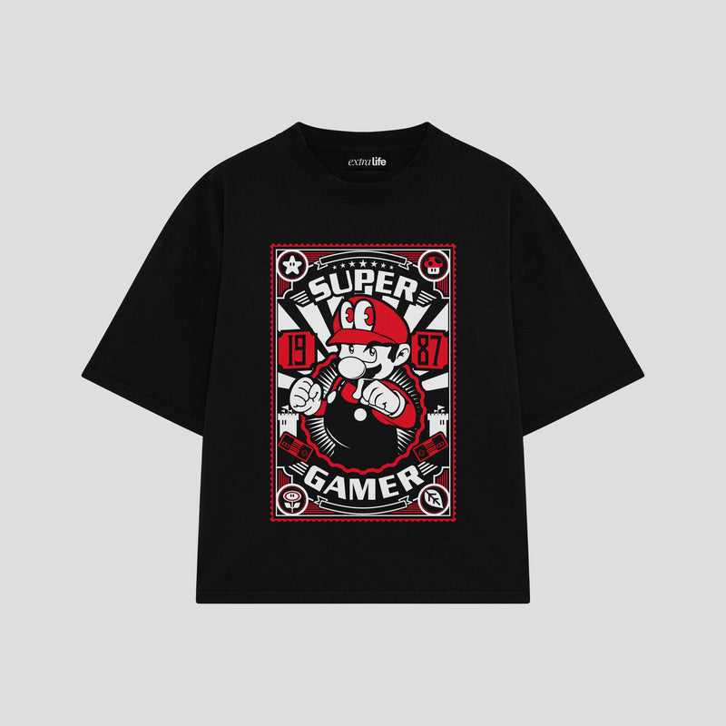 Playera streetwear premium de anime y gaming ExtraLife MX, corte boxy oversized drop shoulder heavyweight en color Deep Black y Off-White, moda urbana mexicana de culto.