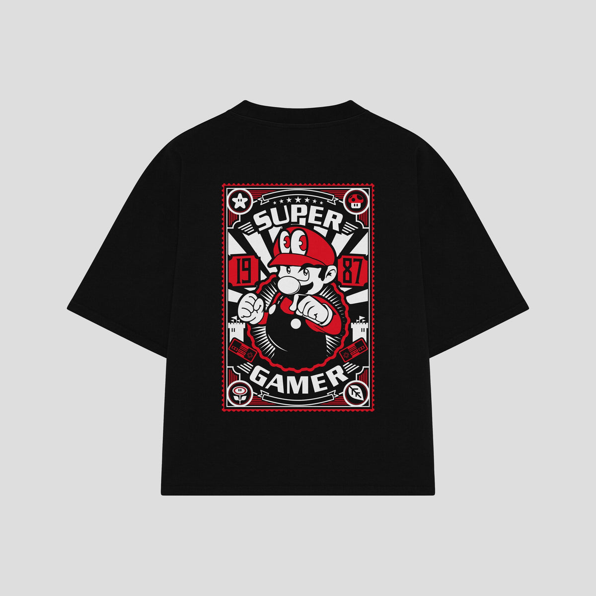 Playera streetwear premium de anime y gaming ExtraLife MX, corte oversized drop shoulder ligero y fresco en color Deep Black y Off-White, moda urbana mexicana de culto.
