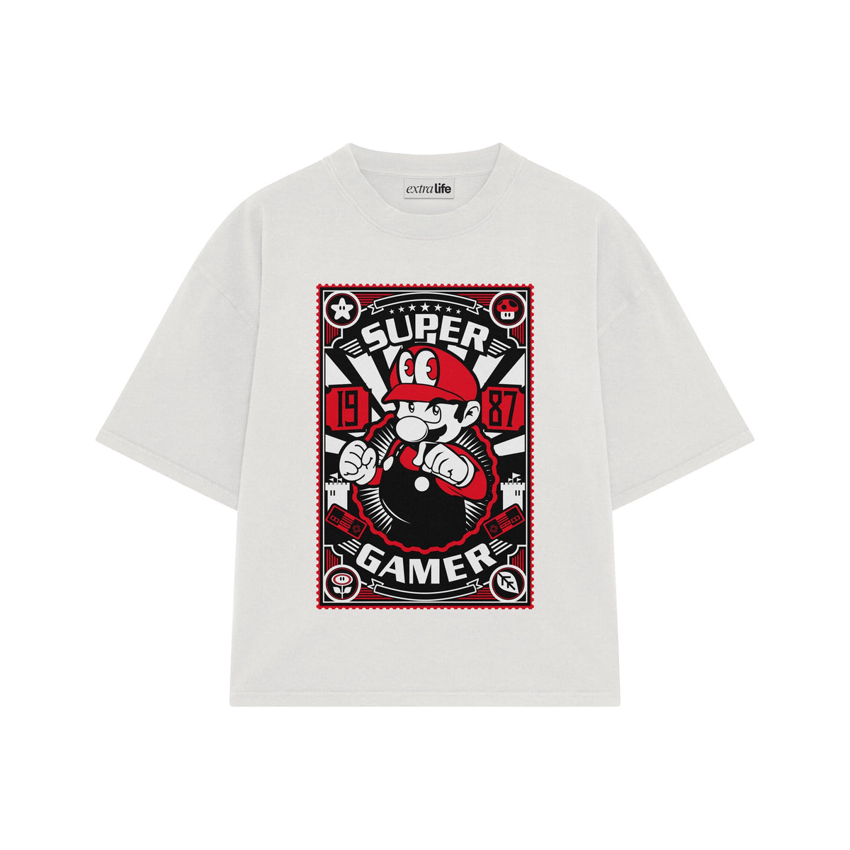 Playera streetwear premium de anime y gaming ExtraLife MX, corte oversized drop shoulder ligero y fresco en color Deep Black y Off-White, moda urbana mexicana de culto.
