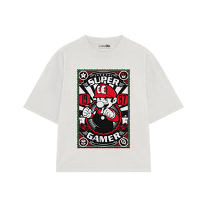 Playera streetwear premium de anime y gaming ExtraLife MX, corte boxy oversized drop shoulder heavyweight en color Deep Black y Off-White, moda urbana mexicana de culto.