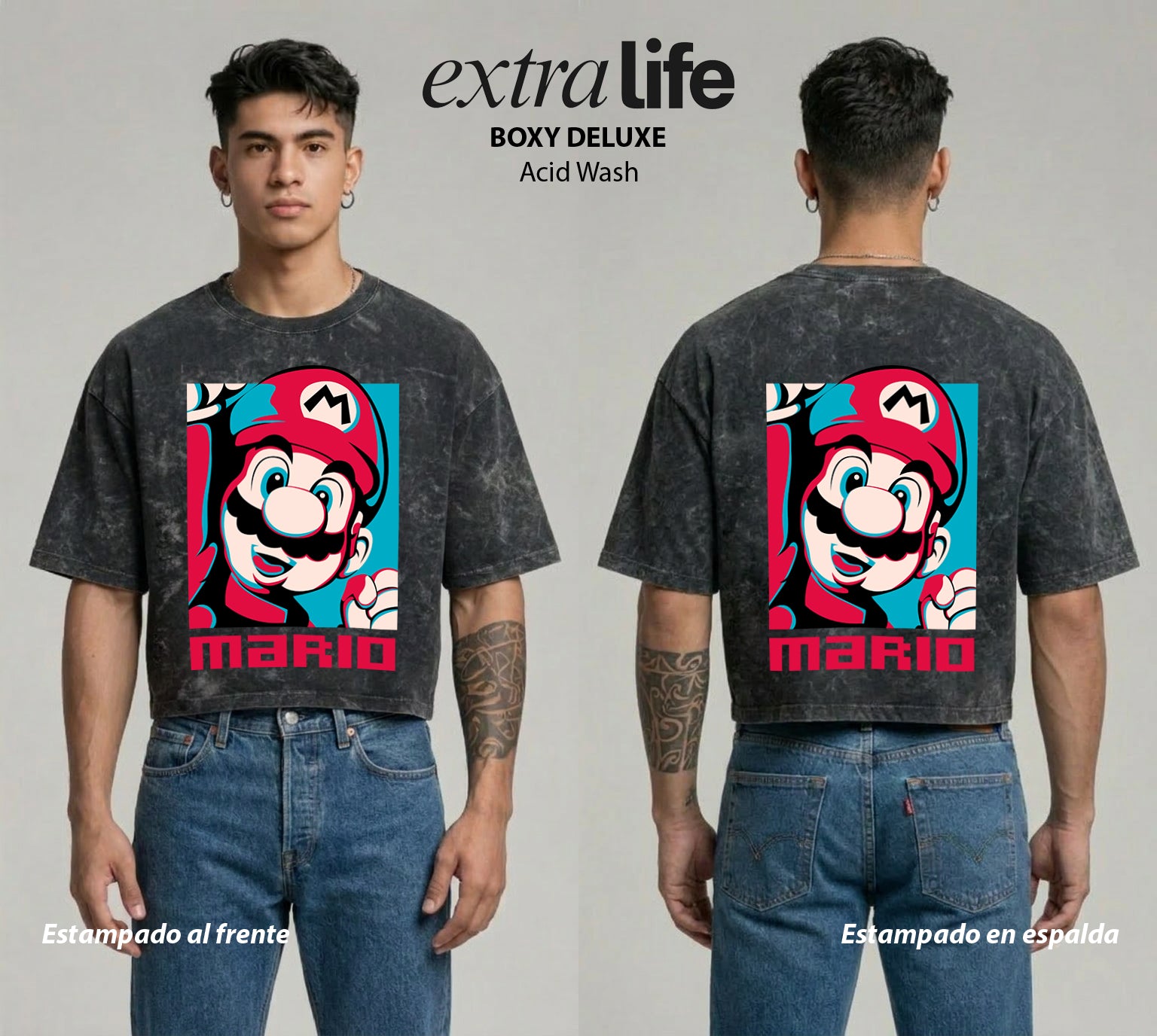 Playera streetwear premium de anime y gaming ExtraLife MX, corte boxy deluxe mineral wash heavyweight en color Acid Wash, moda urbana mexicana de culto.