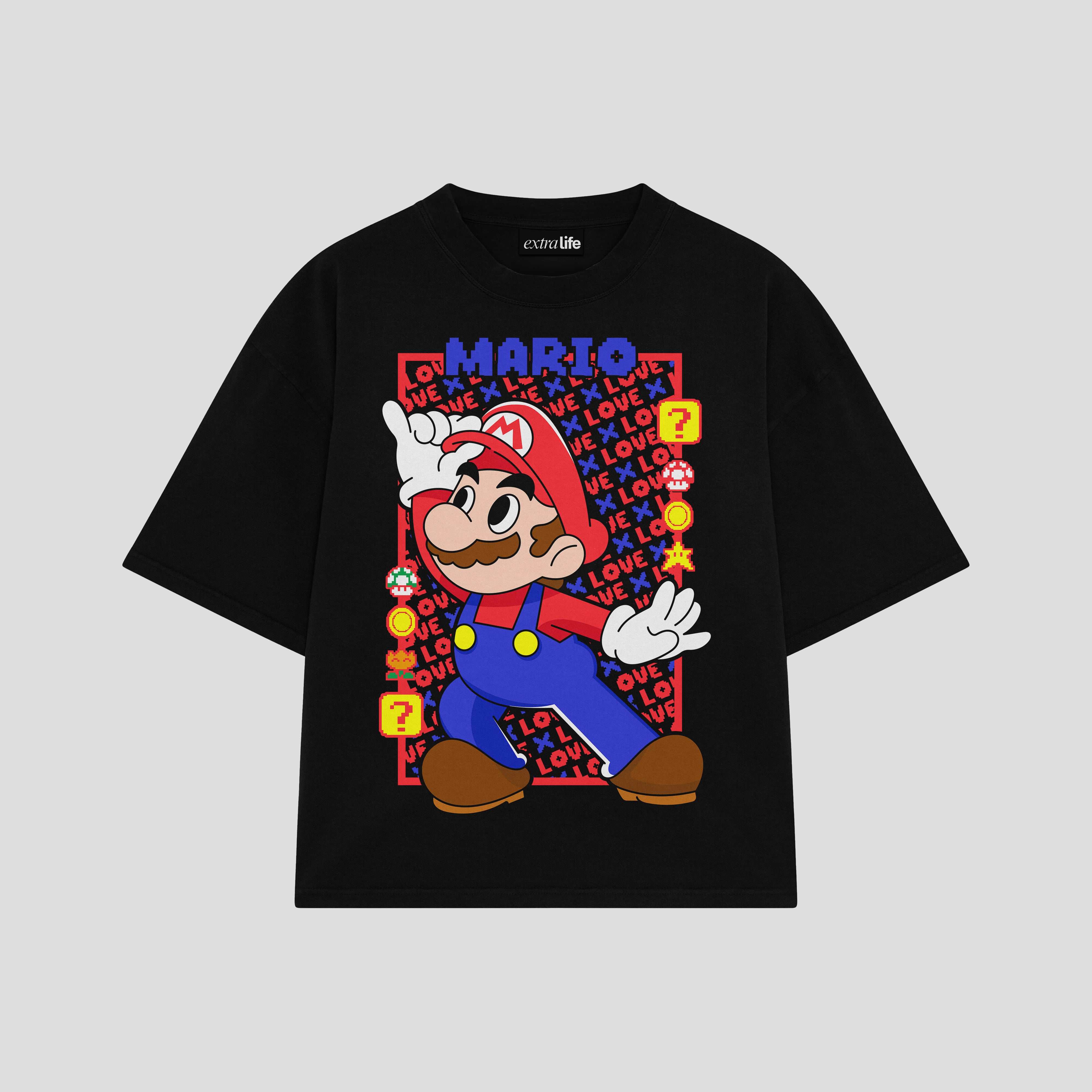Playera streetwear premium de anime y gaming ExtraLife MX, corte boxy oversized drop shoulder heavyweight en color Deep Black y Off-White, moda urbana mexicana de culto.