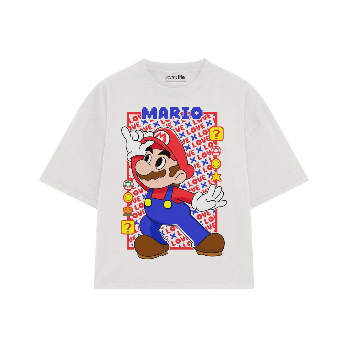Playera streetwear premium de anime y gaming ExtraLife MX, corte oversized drop shoulder ligero y fresco en color Deep Black y Off-White, moda urbana mexicana de culto.