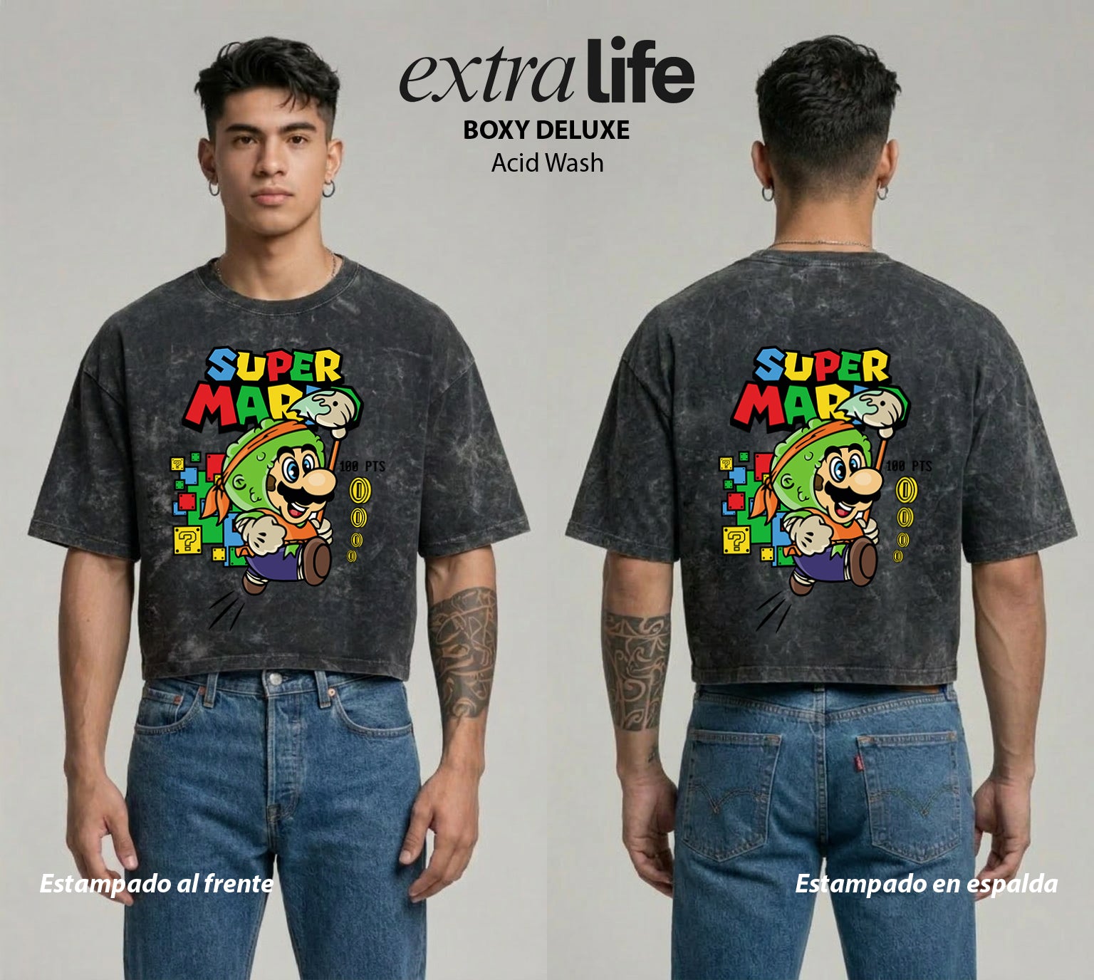 Playera streetwear premium de anime y gaming ExtraLife MX, corte boxy deluxe mineral wash heavyweight en color Acid Wash, moda urbana mexicana de culto.