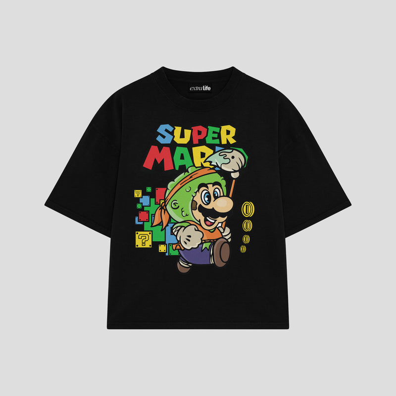 Playera streetwear premium de anime y gaming ExtraLife MX, corte boxy oversized drop shoulder heavyweight en color Deep Black y Off-White, moda urbana mexicana de culto.