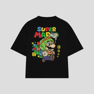Playera streetwear premium de anime y gaming ExtraLife MX, corte boxy oversized drop shoulder heavyweight en color Deep Black y Off-White, moda urbana mexicana de culto.