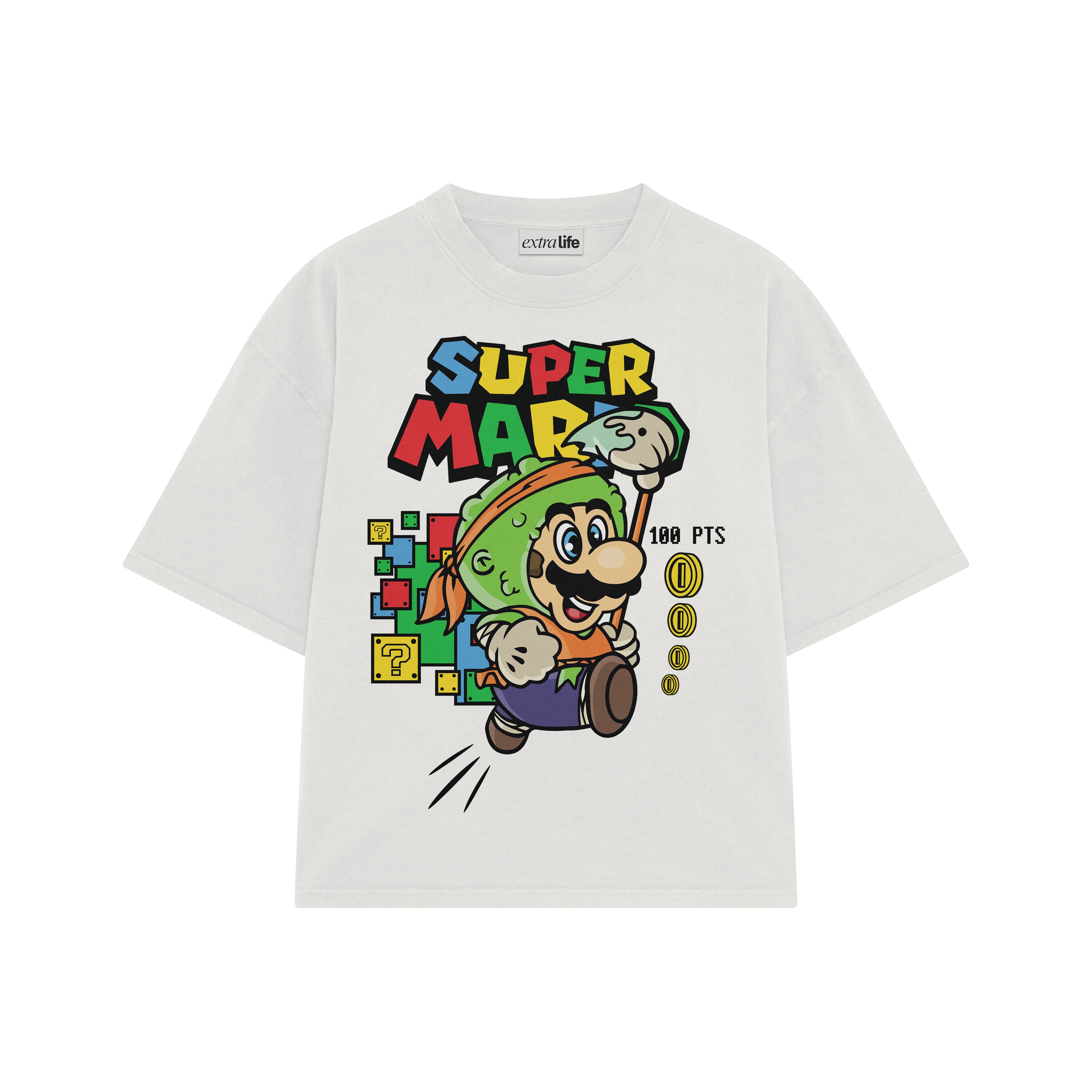 Playera streetwear premium de anime y gaming ExtraLife MX, corte boxy oversized drop shoulder heavyweight en color Deep Black y Off-White, moda urbana mexicana de culto.