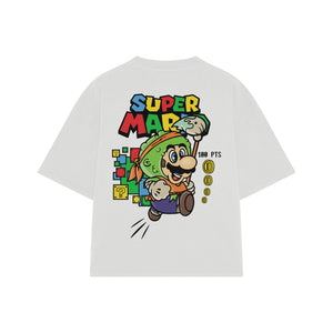 Playera streetwear premium de anime y gaming ExtraLife MX, corte boxy oversized drop shoulder heavyweight en color Deep Black y Off-White, moda urbana mexicana de culto.