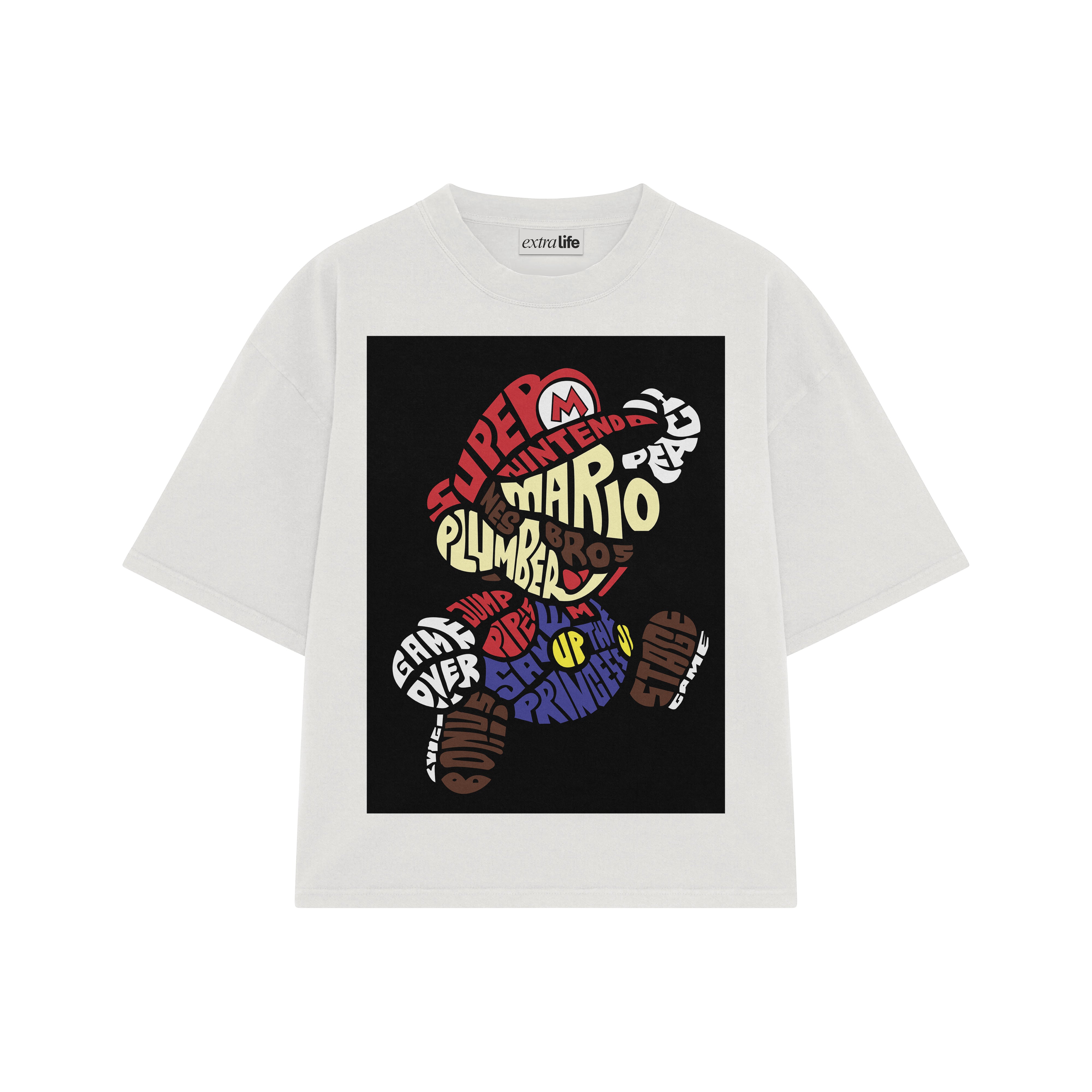 Playera streetwear premium de anime y gaming ExtraLife MX, corte boxy oversized drop shoulder heavyweight en color Deep Black y Off-White, moda urbana mexicana de culto.