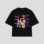Playera streetwear premium de anime y gaming ExtraLife MX, corte boxy oversized drop shoulder heavyweight en color Deep Black y Off-White, moda urbana mexicana de culto.