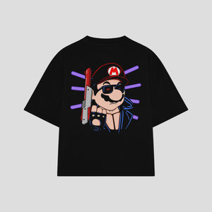 Playera streetwear premium de anime y gaming ExtraLife MX, corte boxy oversized drop shoulder heavyweight en color Deep Black y Off-White, moda urbana mexicana de culto.