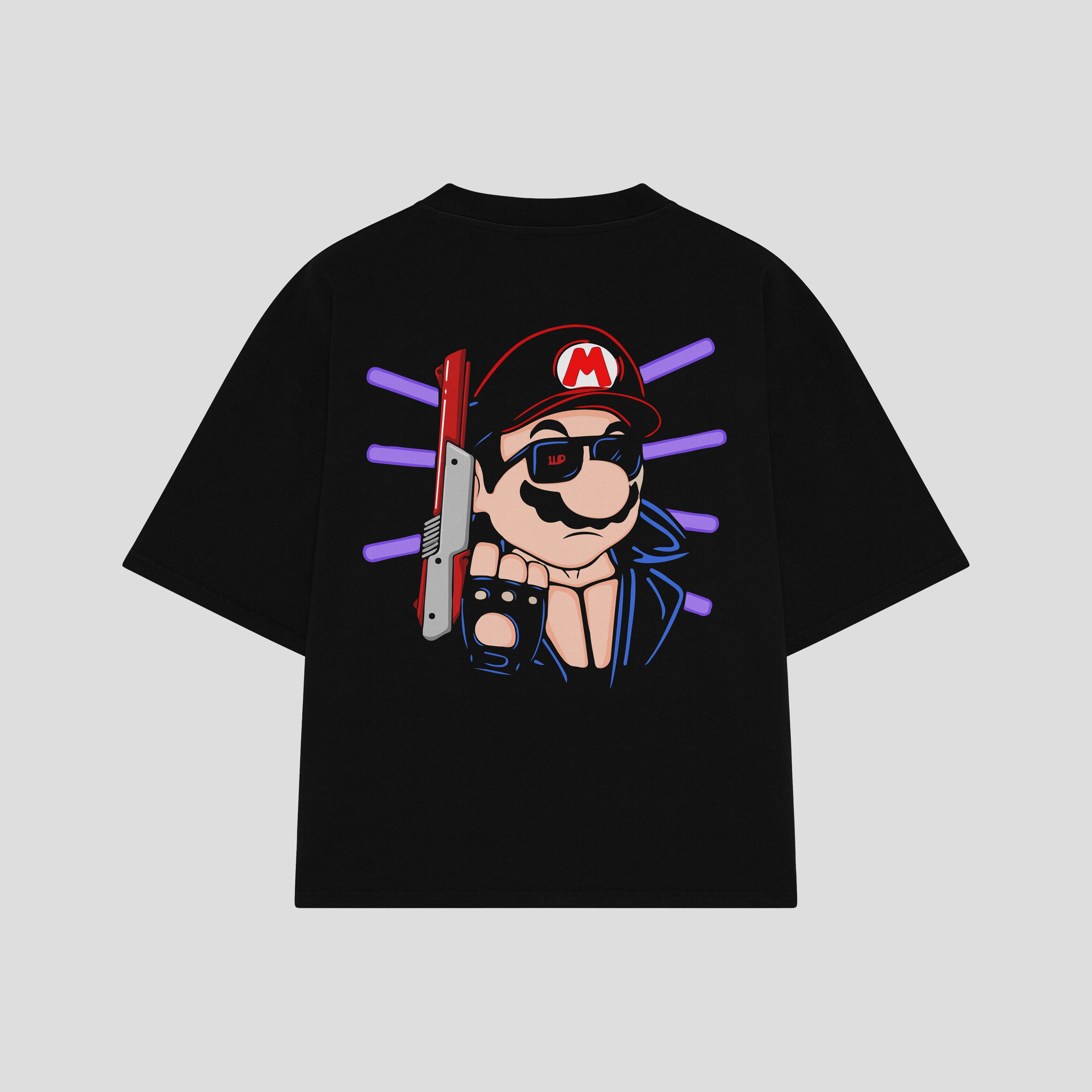 Playera streetwear premium de anime y gaming ExtraLife MX, corte boxy oversized drop shoulder heavyweight en color Deep Black y Off-White, moda urbana mexicana de culto.